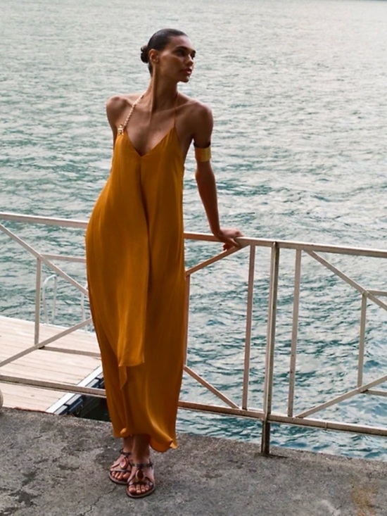 Zara Dresses & Skirts - NWT Zara Satin Effect Midi Dress with Gold floral appliqué in Burnt Orange Sz M